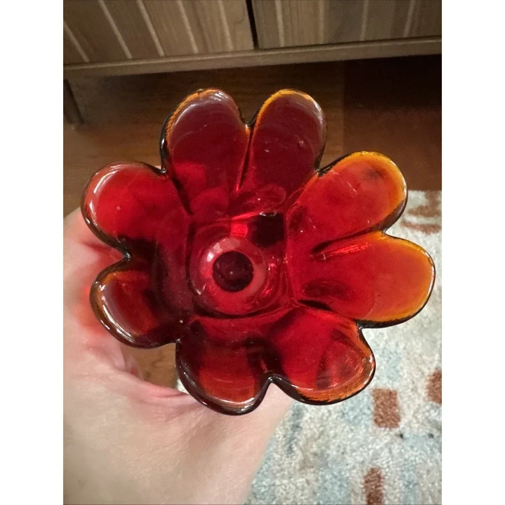 Vintage Brass Candlestick With Red Glass Tulip Shade